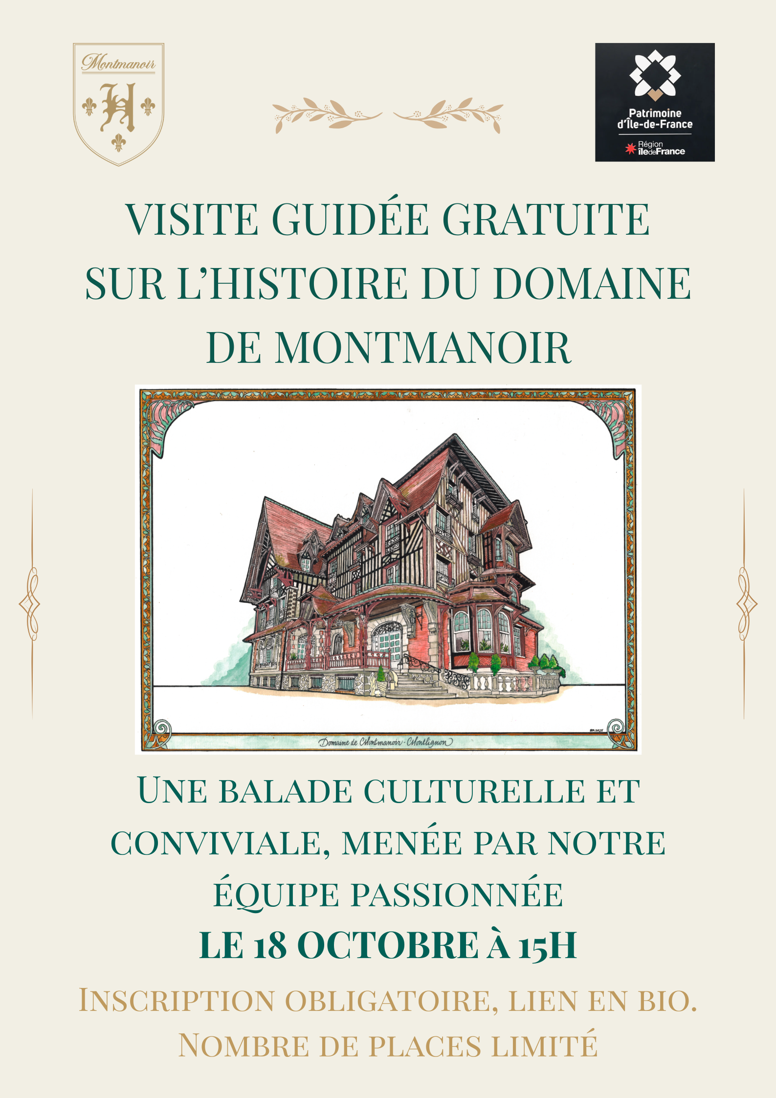 Affiche de la visite guidée gratuite sur l'histoire du Domaine de Montmanoir, le 18 octobre à 15h